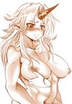  blush breast_grab breasts closed_mouth disembodied_limb embarrassed fox_udon grabbing highres horn hoshiguma_yuugi large_breasts long_hair monochrome navel nipples nude pointy_ears simple_background solo_focus touhou white_background 