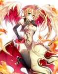  bird_wings black_gloves black_legwear breasts brown_hair china_dress chinese_clothes cleavage commentary_request dress elbow_gloves fire flower gloves green_eyes hand_on_hip highres kanataww leilan_(p&amp;d) long_hair medium_breasts puzzle_&amp;_dragons side_ponytail side_slit smile solo thighhighs vest wings 