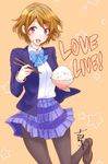  black_legwear blazer blue_bow blue_neckwear bow bowl bowtie brown_hair chopsticks collared_shirt commentary_request copyright_name food food_on_face holding holding_bowl holding_chopsticks jacket koizumi_hanayo loafers long_sleeves looking_at_viewer love_live! love_live!_school_idol_project open_mouth pantyhose plaid plaid_skirt pleated_skirt purple_eyes rice rice_bowl rice_on_face shirt shoes short_hair signature skirt solo striped striped_bow striped_neckwear yoshikawa_miki 
