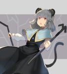  1girl :o animal_ears bangs black_dress blue_capelet capelet commentary_request dowsing_rod dress eyebrows_visible_through_hair feet_out_of_frame grey_background grey_hair highres holding jewelry long_sleeves looking_at_viewer mouse_ears mouse_tail nazrin open_mouth pendant puffy_sleeves red_eyes rin_falcon shirt short_hair solo tail touhou two-tone_background white_shirt 