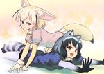  all_fours animal_ears bent_over blush bow bowtie collared_shirt commentary_request common_raccoon_(kemono_friends) eyebrows_visible_through_hair fang fennec_(kemono_friends) fox_ears fox_tail fur_collar gloves gradient_hair half-closed_eyes kemono_friends lying multicolored_hair multiple_girls on_stomach open_mouth pantyhose pleated_skirt puffy_short_sleeves puffy_sleeves raccoon_ears raccoon_tail shirt short_hair short_sleeve_sweater short_sleeves skirt smile sweater tail toryo two-tone_hair 
