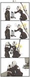  1girl 4koma black_dress black_hairband blindfold boots comic covered_eyes dress feather-trimmed_sleeves fuyu_kotatsu gloves hairband hand_on_another's_head highres juliet_sleeves long_sleeves nier_(series) nier_automata petting pod_(nier_automata) puffy_sleeves short_hair silent_comic silver_hair sitting sword translated weapon weapon_on_back yorha_no._2_type_b yorha_no._9_type_s 