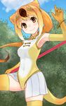  animal_ears armpits ashiya_hiro bare_shoulders baton blonde_hair blue_sky bracelet breasts brown_eyes cameltoe circlet cloud cloudy_sky covered_navel cowboy_shot day elbow_gloves eyebrows eyelashes gloves golden_snub-nosed_monkey_(kemono_friends) gradient_hair hair_ornament hand_up high_ponytail highres holding holding_staff index_finger_raised jewelry kemono_friends leg_up leotard long_hair looking_at_viewer medium_breasts monkey_ears monkey_tail multicolored multicolored_clothes multicolored_gloves multicolored_hair orange_gloves orange_hair outdoors partially_visible_vulva ponytail signature skindentation skirt sky sleeveless smile solo staff tail tareme thighhighs tree turtleneck weapon white_hair white_skirt yellow_gloves yellow_legwear yellow_leotard 