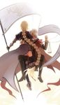  1girl amakusa_shirou_(fate) armor ass back balance_scale blonde_hair braid cape dark_skin fate/apocrypha fate_(series) flag full_body highres jeanne_d'arc_(fate) jeanne_d'arc_(fate)_(all) long_hair looking_at_viewer nyakelap thighhighs weighing_scale white_hair 