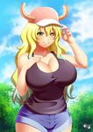  blue_hair blush breasts cleavage collarbone denim denim_shorts deviantart_username eyebrows_visible_through_hair facebook_username green_hair hat horn horns jadenkaiba kobayashi-san_chi_no_maidragon large_breasts long_hair looking_at_viewer multicolored_hair quetzalcoatl_(maidragon) red_hat shorts smile solo two-tone_hair 