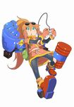  blue_eyes brown_hair full_body gloves long_hair mechanical_arm open_mouth pantyhose ponytail precis_neumann skirt solo star_ocean star_ocean_the_second_story torn_clothes yucopi 