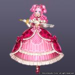  airspace blue_eyes bow capelet company_name drill_hair full_body fur_trim gem gloves grey_background gyakushuu_no_fantasica long_hair official_art open_mouth pink_hair solo sparkle sword teeth tiara twintails weapon 