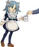  apron blue_eyes blue_hair coin cup full_body hair_ornament highres kasuga_(kasuga39) maid mug open_mouth pantyhose puzzle_piece sign smile solo_focus transparent_background twintails waist_apron wikipe-tan wikipedia 