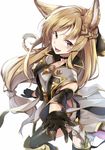  animal_ears armor blonde_hair braid erune gloves granblue_fantasy kakao_rantan long_hair looking_at_viewer open_mouth red_eyes simple_background smile solo yuisis_(granblue_fantasy) 