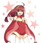  antenna_hair blush brown_hair cape coat green_eyes hair_ornament hairband lilka_eleniak long_hair long_sleeves looking_at_viewer low-tied_long_hair one_eye_closed open_mouth solo standing star thighhighs tongue upper_body v white_background wild_arms wild_arms_2 yellow_hairband 