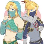  alternate_costume armor armpits blonde_hair blue_eyes blush crossdressing detached_sleeves dual_persona earrings gerudo_link gloves jewelry link long_hair looking_at_viewer male_focus midriff multiple_boys navel otoko_no_ko pointy_ears ponytail smile stomach the_legend_of_zelda the_legend_of_zelda:_breath_of_the_wild toned toned_male veil zyunya 