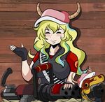  absurdres bandolier baseball_cap blonde_hair breasts closed_eyes commentary cosplay crossover dragon_girl dragon_horns fingerless_gloves frank_araya gatling_gun gloves gradient_hair green_hair gun hat highres horns kobayashi-san_chi_no_maidragon large_breasts long_hair minigun multicolored_hair quetzalcoatl_(maidragon) smile team_fortress_2 the_heavy the_heavy_(cosplay) weapon 