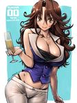  alcohol amania_orz anniversary bare_shoulders black_panties blush breasts brown_eyes brown_hair champagne champagne_flute cleavage collarbone cup dated drinking_glass groin gundam gundam_00 highleg highleg_panties large_breasts long_hair looking_at_viewer panties pants shiny shiny_hair shiny_skin skindentation smile solo sumeragi_lee_noriega twitter_username underwear vest 