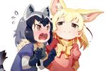  animal_ears black_hair black_ribbon blonde_hair blush brown_eyes cat_ears closed_mouth commentary_request common_raccoon_(kemono_friends) ears eyebrows eyebrows_visible_through_hair fang fennec_(kemono_friends) flying_sweatdrops fox_ears gloves kemono_friends multiple_girls neck_ruff open_mouth raccoon_ears raccoon_tail ribbon silver_hair simple_background smug tail tears tongue waterkuma yellow_ribbon 