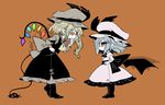  ascot bat_wings black_legwear blonde_hair blue_hair brown_background covering_mouth crystal dress dress_shirt eye_contact face-to-face flandre_scarlet from_side full_body hand_on_hip hand_over_own_mouth hands_on_hips hat hat_ribbon height_difference laevatein laevatein_(tail) light_frown long_sleeves looking_at_another mob_cap multiple_girls pointy_ears profile red_eyes remilia_scarlet ribbon shirt siblings side_ponytail simple_background sisters tail touhou wings yt_(wai-tei) 