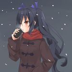  alternate_costume black_hair casual coat coffee coffee_cup contemporary cup disposable_cup himajin_(starmine) long_hair neptune_(series) noire red_eyes scarf solo steam twintails winter_clothes winter_coat 