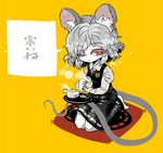  animal_ears barefoot black_skirt black_vest breasts brooch collared_shirt colored_eyelashes cup eyebrows_visible_through_hair eyes_visible_through_hair food green_tea grey_hair grey_shirt half-closed_eye jewelry long_sleeves looking_to_the_side mouse_ears mouse_tail nazrin one_eye_closed pendant puffy_long_sleeves puffy_sleeves red_eyes saucer seiza shiny shiny_clothes shiny_hair shirt short_hair simple_background sitting skirt skirt_set small_breasts solo sparkle steam tail tea teacup teapot toes touhou translation_request tray vest yellow_background yt_(wai-tei) 