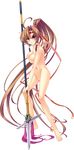  :o absurdly_long_hair absurdres ahoge bachou barefoot breasts brown_hair eyebrows full_body headband high_ponytail highres holding holding_weapon koihime_musou long_hair medium_breasts navel no_pussy nude official_art open_mouth pink_eyes polearm solo spear thick_eyebrows transparent_background very_long_hair weapon yatsuha_kanan 