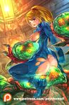  1girl areolae artist_name ass blonde_hair blue_eyes breast_cutout breasts crotch_cutout from_behind looking_back metroid metroid_(creature) mole mole_under_mouth nipples open_mouth patreon ponytail psychowolf samus_aran side_boob torn_clothes web_address zero_suit 