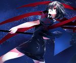  asymmetrical_wings black_dress black_hair blue_wings cowboy_shot dress from_side grin hair_between_eyes highres houjuu_nue ikurauni looking_at_viewer looking_to_the_side red_eyes red_wings short_dress short_hair short_sleeves smile solo touhou wings 