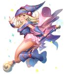  ass bare_shoulders blonde_hair blue_footwear blush blush_stickers boots breasts choker cleavage dark_magician_girl duel_monster green_eyes hat large_breasts long_hair one_eye_closed open_mouth oro_(sumakaita) pentacle smile solo staff wizard_hat yuu-gi-ou yuu-gi-ou_duel_monsters 