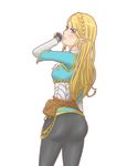  1girl ass blonde_hair blue_eyes blush braid breasts fingerless_gloves gloves hairclip long_hair looking_at_viewer looking_back pants pointy_ears princess_zelda shiny shiny_hair sideboob smile solo the_legend_of_zelda the_legend_of_zelda:_breath_of_the_wild tight tight_pants transparent_background 
