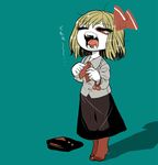 ascot blonde_hair bow dressing fangs folded_clothes frilled_shirt_collar frills grey_shirt hair_bow no_shoes open_mouth red_eyes red_legwear rumia saliva see-through shiny shiny_hair shirt short_hair simple_background socks solo sparkle teal_background teeth thighs touhou vest_removed waking_up yawning yellow_pupils yt_(wai-tei) 