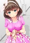  blue_eyes blush breasts brown_hair chestnut_mouth hairband idolmaster idolmaster_cinderella_girls large_breasts looking_at_viewer mokufuu ribbon sakuma_mayu short_hair signature solo translated twitter_username 