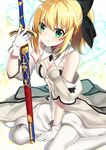  1girl blonde_hair blue_eyes blush dress fate/extra green_eyes long_hair ponytail saber_lily smile solo sword wariza warrior weapon 