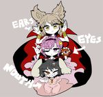  animal_ears arm_behind_back armlet black_hair brown_eyes brown_hair bunny_ears cape carrot_necklace dress earmuffs english gradient_eyes grey_eyes hairband half-closed_eye hand_gesture hand_up hips inaba_tewi komeiji_satori lavender_background looking_at_viewer looking_down multicolored multicolored_eyes multiple_girls one_eye_closed pink_dress purple_hair shirt short_hair simple_background sleeveless sleeveless_shirt smile sparkle teeth third_eye touhou toyosatomimi_no_miko yellow_eyes yt_(wai-tei) 