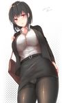  alternate_costume arm_at_side black_legwear blouse breasts business_suit casual crotch_seam dated formal from_below highres impossible_clothes kantai_collection large_breasts looking_at_viewer miniskirt office_lady panties panties_under_pantyhose pantyhose pencil_skirt red_eyes sakiryo_kanna skirt skirt_suit solo suit thighband_pantyhose undersized_clothes underwear white_blouse yamashiro_(kantai_collection) 