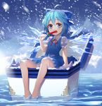  absurdres bad_id bad_pixiv_id bare_legs barefoot blue_dress blue_eyes blue_hair cirno commentary_request cooler dress eating food highres ice ice_wings lo-ta popsicle puffy_short_sleeves puffy_sleeves revision short_dress short_sleeves sitting sleeveless sleeveless_dress snowing solo touhou watermelon_bar wings 