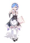  alternate_legwear blue_eyes blue_hair blush breasts byakuya_reki detached_sleeves frilled_pillow frills full_body hair_ornament hair_over_one_eye holding holding_pillow looking_at_viewer maid mary_janes medium_breasts pillow re:zero_kara_hajimeru_isekai_seikatsu rem_(re:zero) revision shadow shoes short_hair solo standing tears thighhighs wavy_mouth white_legwear x_hair_ornament zettai_ryouiki 