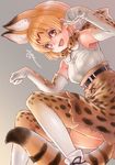  :d animal_ears blonde_hair blush bow bowtie elbow_gloves extra_ears gloves grey_background highres kemono_friends kosai_takayuki looking_at_viewer open_mouth paw_pose serval_(kemono_friends) serval_ears serval_print serval_tail short_hair skirt sleeveless smile solo tail 