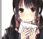  black_hair blush brown_eyes closed_mouth commentary eyebrows_visible_through_hair face kazuharu_kina letter long_hair looking_at_viewer love_letter low_twintails original plaid plaid_scarf portrait scarf solo twintails 