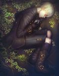  choker closed_eyes full_body gloves hekoheko highres long_sleeves male_focus nier_(series) nier_automata solo white_hair yorha_no._9_type_s 