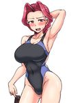  arm_behind_head black_swimsuit braid breasts cowboy_shot girls_und_panzer girls_und_panzer_ribbon_no_musha large_breasts long_hair looking_at_viewer mimuni362 open_mouth red_eyes red_hair solo swimsuit uszka_(girls_und_panzer) white_background 