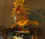  ! armband crown dark_skin gameplay_mechanics gerudo green_eyes hair_ornament jewelry midriff necklace out_of_context pointy_ears red_hair riju sexually_suggestive sitting skirt surprised tanned the_legend_of_zelda the_legend_of_zelda:_breath_of_the_wild wristband 