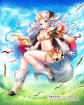  animal_ears bare_shoulders blue_eyes blue_sky blush breasts chain_chronicle character_request cleavage closed_mouth cloud cloudy_sky commentary_request day gloves gold_trim grass grey_fur grey_hair hobak hooves horn jewelry large_tail long_hair looking_at_viewer medium_breasts midriff navel necklace official_art outdoors sky solo tail wavy_hair white_gloves 