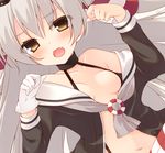  amatsukaze_(kantai_collection) bare_shoulders blush breasts choker collarbone commentary_request dress fang gloves grey_hair hair_tubes kantai_collection long_hair looking_at_viewer miko_92 navel open_clothes open_dress open_mouth sailor_dress shirt_pull single_glove small_breasts solo upper_body white_gloves yellow_eyes 