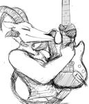  black_and_white breasts cleavage clothed clothing demon eyes_closed female guitar hladilnik horn lucy_(hladilnik) monochrome musical_instrument playing_guitar playing_music smile solo 