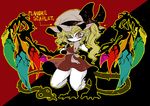  ascot black_background blonde_hair character_name crazy_eyes flandre_scarlet frown full_body half-closed_eye hat hat_ribbon laevatein_(tail) long_ponytail looking_at_viewer mob_cap monster_girl raised_eyebrow red_background red_eyes ribbon see-through side_ponytail solo tail thighs touhou two-tone_background wide_hips yt_(wai-tei) 