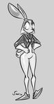  anthro breasts clothed clothing fan_character female fur gloves hair jackrabbit lagomorph looking_back mammal monochrome rabbit simple_background solo sonic_(series) standing tight_clothing unknown_artist 