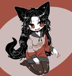  adapted_costume animal_ears black_hair blush_stickers breasts brown_background brown_legwear fang hand_gesture imaizumi_kagerou lavender_background long_hair nail_polish no_shoes pantyhose red_eyes red_nails seiza shiny shiny_hair sitting small_breasts solo sweater tail talking touhou two-tone_background very_long_hair wolf_ears wolf_tail yt_(wai-tei) 