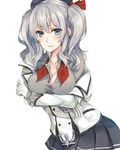  blue_eyes blush breasts cleavage frilled_sleeves frills highres kantai_collection kashima_(kantai_collection) medium_breasts parted_lips rinarisa silver_hair simple_background solo twintails undressing wavy_hair white_background 