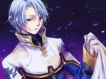  blue_hair collar fin_e_ld_si_dizelmine looking_at_viewer male_focus open_mouth petals purple_eyes rinne_no_lagrange shiratama_(mofutto) solo 