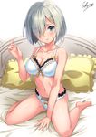  3: arm_support artist_name barefoot bed between_legs blue_bra blue_eyes blue_panties bra breasts collarbone cursive eyebrows_visible_through_hair fingernails hair_ornament hair_over_one_eye hairclip hamakaze_(kantai_collection) hand_between_legs kantai_collection looking_at_viewer medium_breasts navel on_bed panties pillow sakiyamama shiny shiny_skin signature silver_hair sitting solo underwear underwear_only wariza white_background 