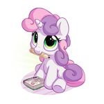  2017 bobdude0 cute equine eyelashes female feral friendship_is_magic green_eyes hair hi_res hooves horn mammal mouth_hold multicolored_hair multicolored_tail my_little_pony notebook pencil_(object) pink_hair purple_hair simple_background sitting solo sweetie_belle_(mlp) two_tone_hair unicorn white_background 
