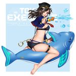 ass bangs barefoot bikini black_hair brown_eyes cuffs detached_sleeves eyebrows_visible_through_hair garter_straps hair_ornament hairclip handcuffs hat highres holding inflatable_toy jacket long_hair looking_at_viewer masami_chie official_art open_mouth original simple_background smile solo swimsuit tokyo_exe_girls toy water water_gun 