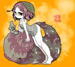  ass brown_hair flat_chest fluffy futatsuiwa_mamizou glasses grey_towel half-closed_eyes leaf leaf_on_head legs naked_towel orange_background parted_lips pince-nez purple_eyes see-through shiny shiny_hair simple_background solo sparkle steam thighs toes touhou towel translation_request tsukumogami wet wet_hair yt_(wai-tei) 